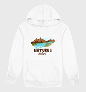 White hoodie with nature-themed graphic and text on a gray background