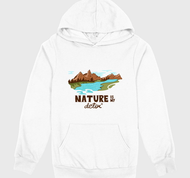 White hoodie with nature-themed graphic and text on a gray background