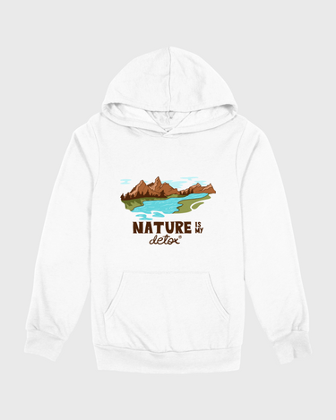 White hoodie with nature-themed graphic and text on a gray background