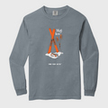 Gray long-sleeve shirt with orange graphic on a white background