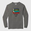 Gray long-sleeve shirt with a graphic of books and text on a white background