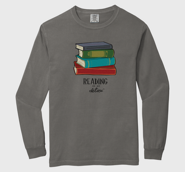 Gray long-sleeve shirt with a graphic of books and text on a white background