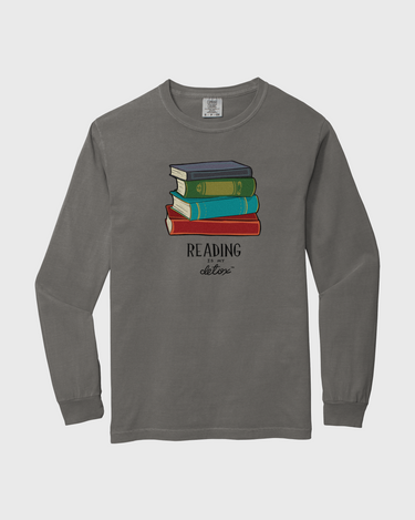 Gray long-sleeve shirt with a graphic of books and text on a white background