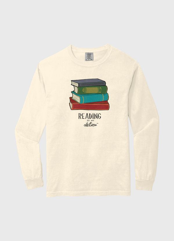Long-sleeve shirt with a graphic of books and text on a white background
