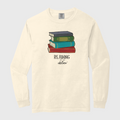 Long-sleeve shirt with a graphic of books and text on a white background