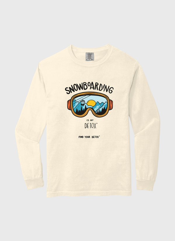 White long-sleeve shirt with snowboarding graphic and text on a white background