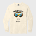 White long-sleeve shirt with snowboarding graphic and text on a white background