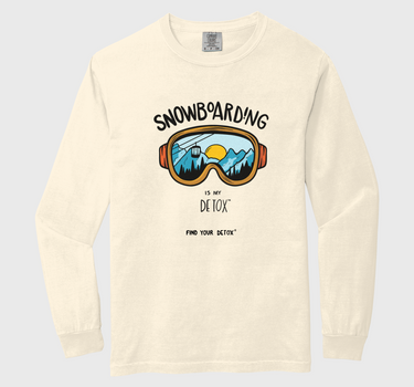 White long-sleeve shirt with snowboarding graphic and text on a white background