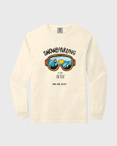 White long-sleeve shirt with snowboarding graphic and text on a white background