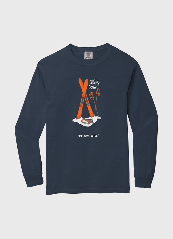 Navy long-sleeve shirt with orange graphic on a light gray background