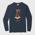 Navy long-sleeve shirt with orange graphic on a light gray background