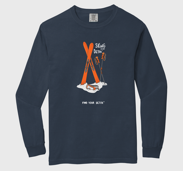 Navy long-sleeve shirt with orange graphic on a light gray background