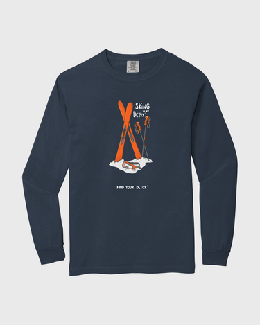 Navy long-sleeve shirt with orange graphic on a light gray background