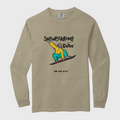 Beige long-sleeve shirt with snowboarding graphic on a white background
