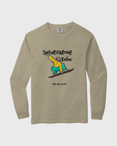 Beige long-sleeve shirt with snowboarding graphic on a white background
