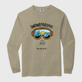 Beige long-sleeve shirt with snowboarding graphic and text on a white background