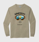 Beige long-sleeve shirt with snowboarding graphic and text on a white background