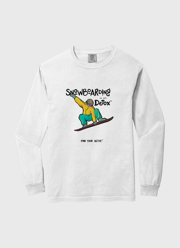 White long-sleeve shirt with snowboarding graphic and text on a white background