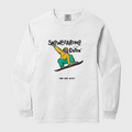 White long-sleeve shirt with snowboarding graphic and text on a white background