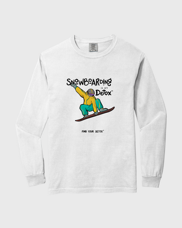 White long-sleeve shirt with snowboarding graphic and text on a white background