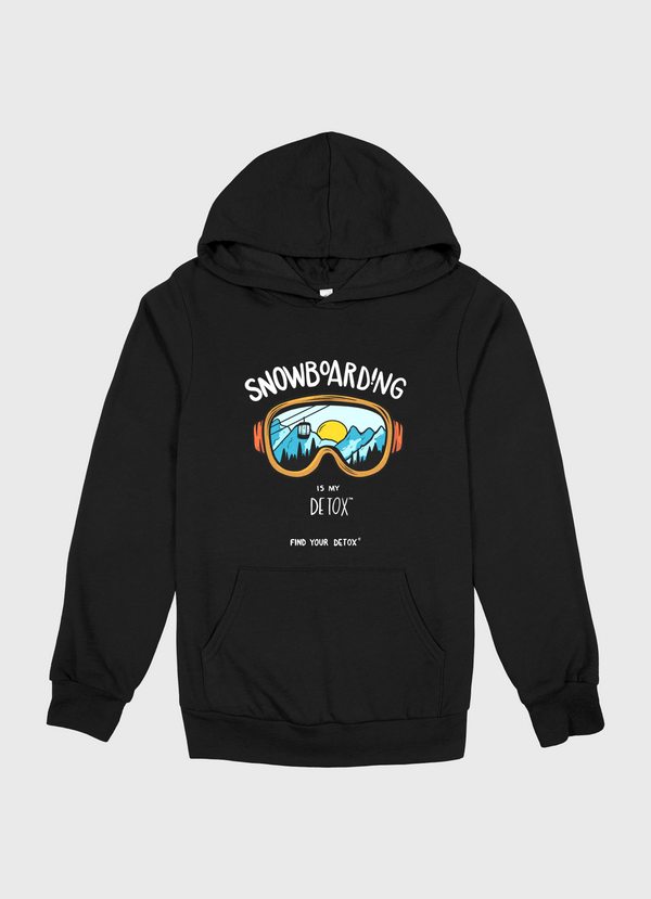Black hoodie with snowboarding graphic and text on a light gray background