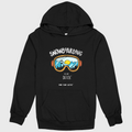 Black hoodie with snowboarding graphic and text on a light gray background