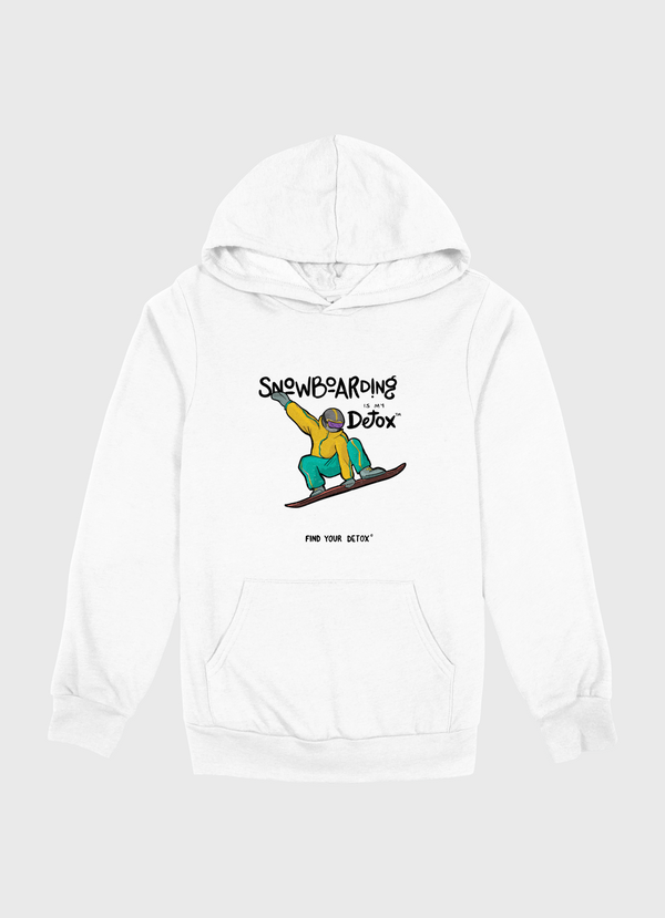 White hoodie with a graphic of a person on a skateboard and text on a white background