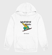White hoodie with a graphic of a person on a skateboard and text on a white background