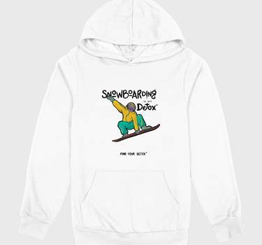 White hoodie with a graphic of a person on a skateboard and text on a white background