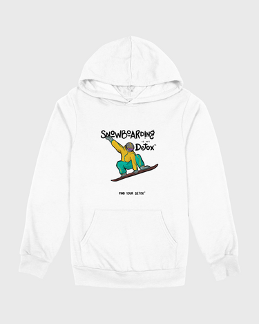 White hoodie with a graphic of a person on a skateboard and text on a white background