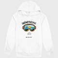 White hoodie with snowboarding graphic and text on a white background