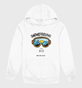 White hoodie with snowboarding graphic and text on a white background
