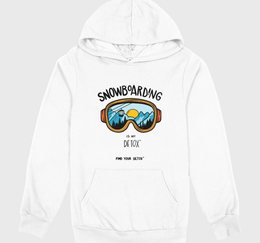 White hoodie with snowboarding graphic and text on a white background