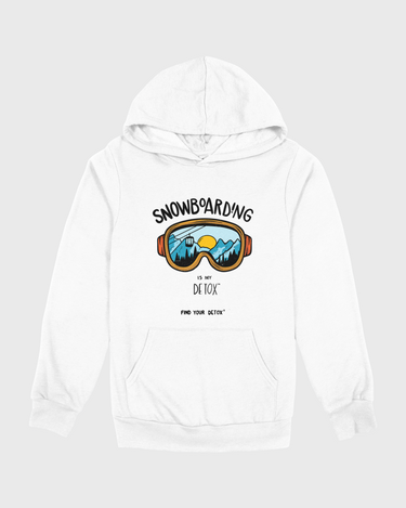 White hoodie with snowboarding graphic and text on a white background