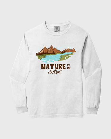 white long-sleeve tshirt with an image of mountains and river with brown text