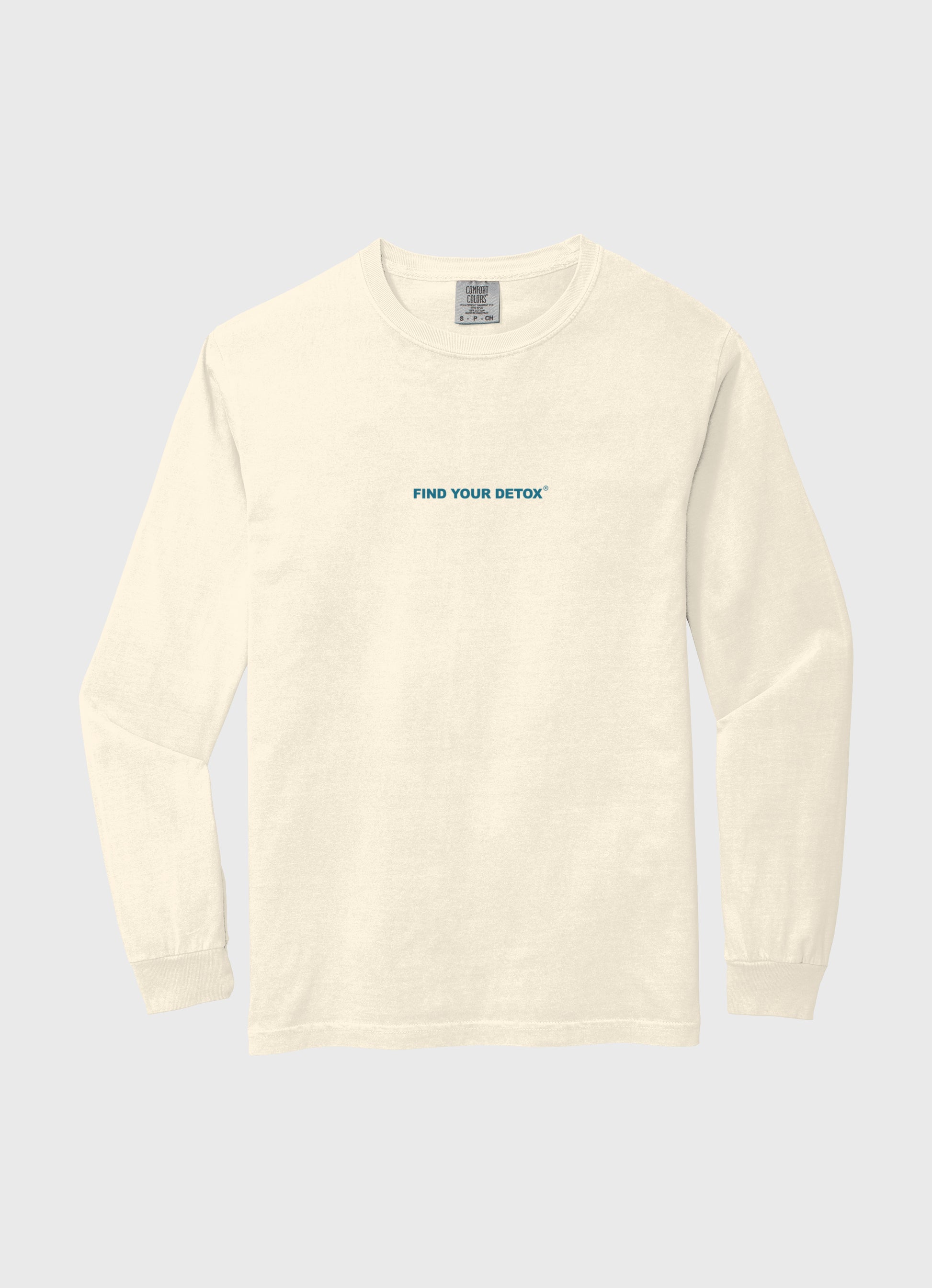 Unisex Sandstone long sleeve featuring the phrase Find Your Detox