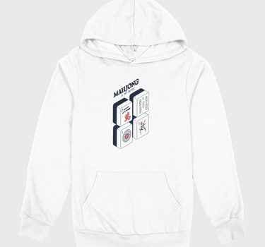 White hoodie with a graphic design of mahjong tile on a gray background