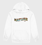 White hoodie with 'NATURE' printed on it against a white background