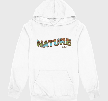 White hoodie with 'NATURE' printed on it against a white background