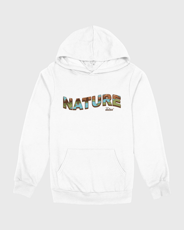White hoodie with 'NATURE' printed on it against a white background