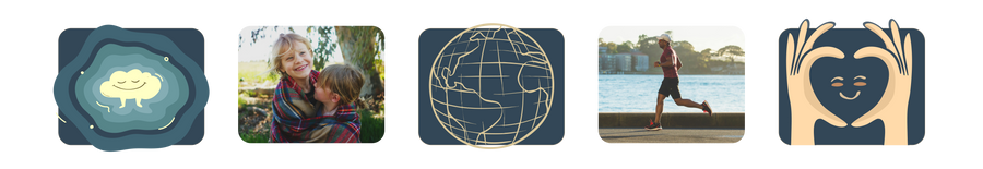Five icons representing different concepts: a brain, two children hugging, a globe, a person running, and a heart with hands.