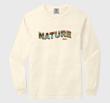 Beige long-sleeve shirt with 'NATURE' text on a light gray background