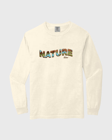 Beige long-sleeve shirt with 'NATURE' text on a light gray background