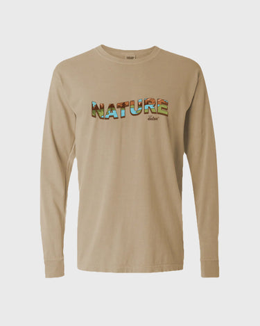 Beige long-sleeve shirt with 'NATURE' printed on it against a white background