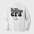 White sweatshirt with 'In my running era' text and graphic