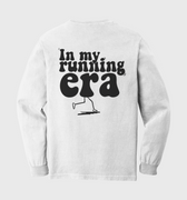 White sweatshirt with 'In my running era' text and graphic