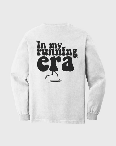 White sweatshirt with 'In my running era' text and graphic