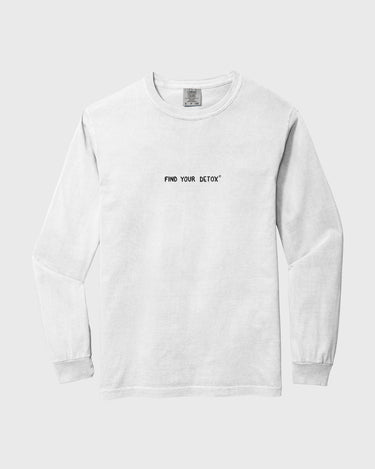 White long-sleeve shirt with 'Find Your Detroit' text on a white background