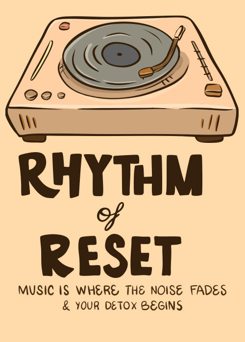 Illustration of a turntable with text 'Rhythm of Reset' on a beige background