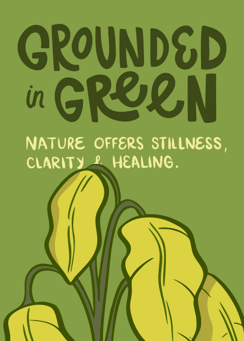 Green background with text 'Grounded in Green' and leaf illustration